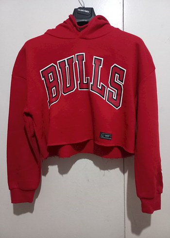 Kırmızı BULLS Baskılı Crop Sweatshirt
