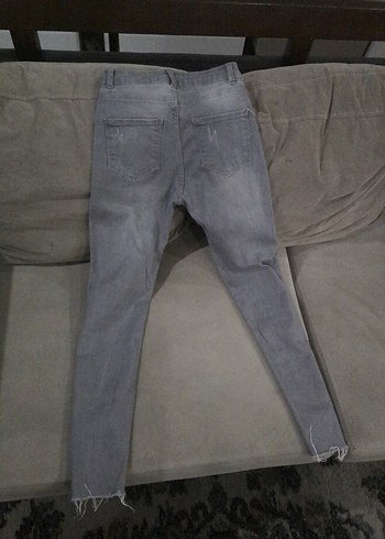 Gri Kadın Kot Pantolon, Kemerli, Midi Boy - Görsel 2