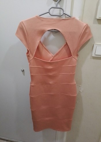 Pudra V Yaka Düz Kesim Midi Elbise - Görsel 2