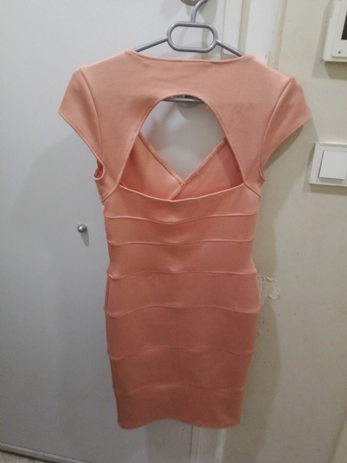 Pudra V Yaka Düz Kesim Midi Elbise - Görsel 2