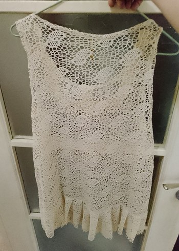 Dantel Detaylı krem Bohem Mini elbise - Görsel 6