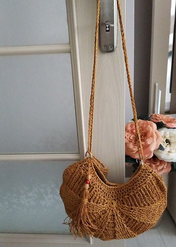 Püsküllü Bej Örgü Kadın Çanta - Görsel 2