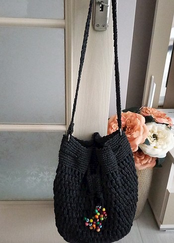 Boncuk Detaylı Siyah Örgü Bohem Kadın Çanta - Görsel 3