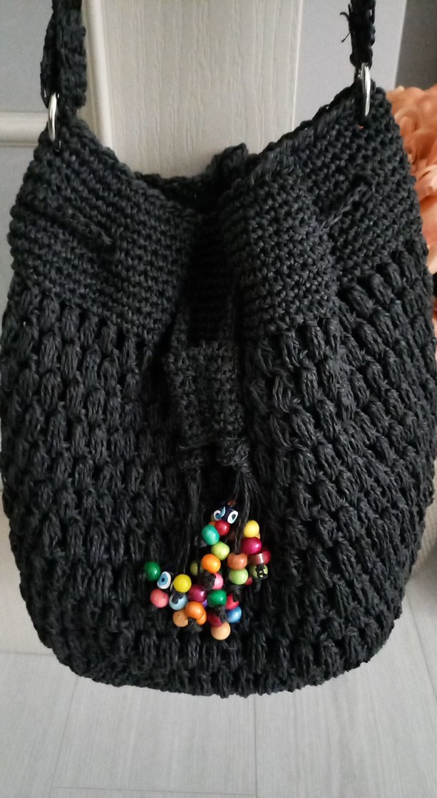 Boncuk Detaylı Siyah Örgü Bohem Kadın Çanta - Görsel 2