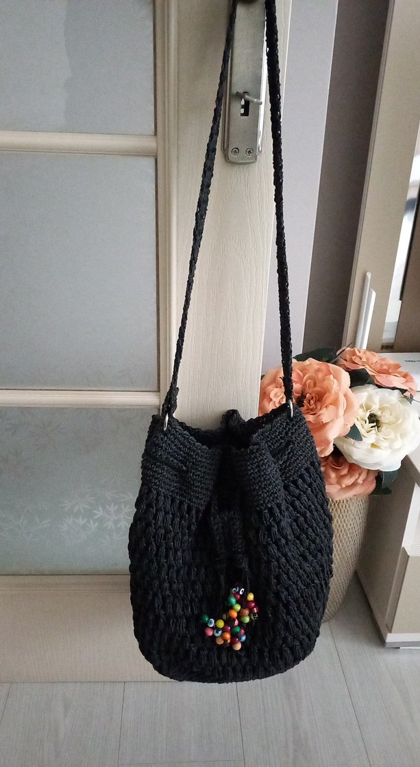 Boncuk Detaylı Siyah Örgü Bohem Kadın Çanta - Görsel 3