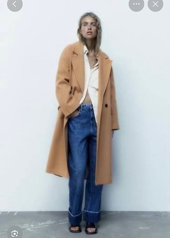 Oversize Camel Renkli Uzun zara Kadın Kaban - Görsel 5