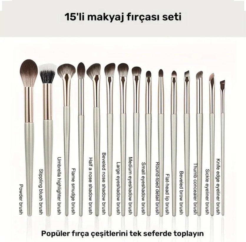 Maange 15 Parça Bej Makyaj Fırça Seti ve Taşıma Çantası - Görsel 5