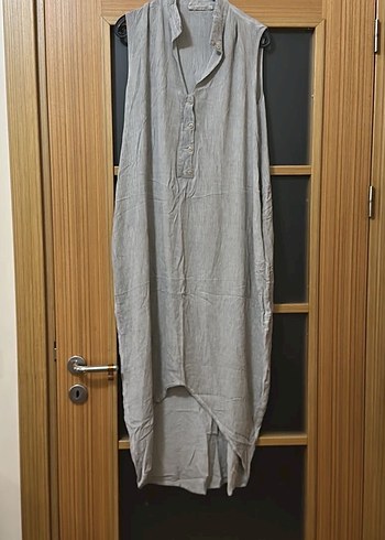 Gri Keten Bohem kısaKollu Kadın Elbise - Görsel 2