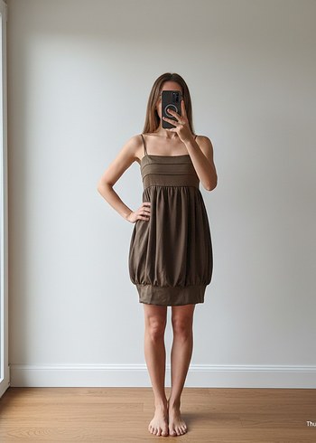 Zara Basic Kahve Saten Şifon Balon Elbise - Görsel 2