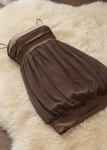 Zara Basic Kahve Saten Şifon Balon Elbise - Görsel 5