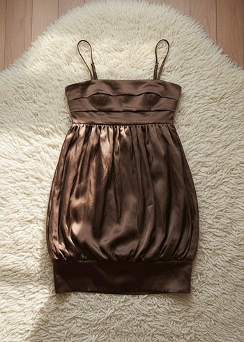 Zara Basic Kahve Saten Şifon Balon Elbise - Görsel 3