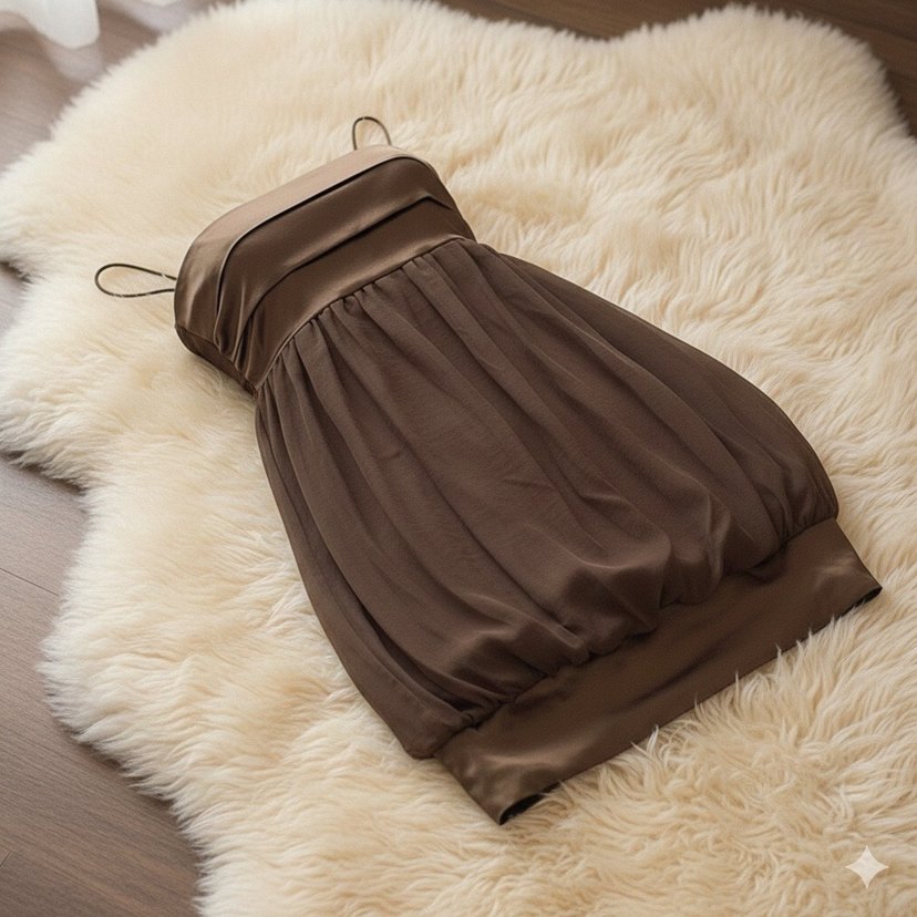 Zara Basic Kahve Saten Şifon Balon Elbise - Görsel 5