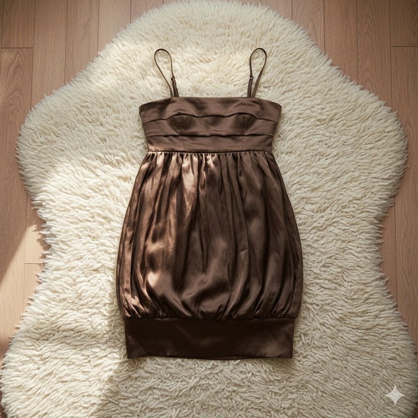 Zara Basic Kahve Saten Şifon Balon Elbise - Görsel 3