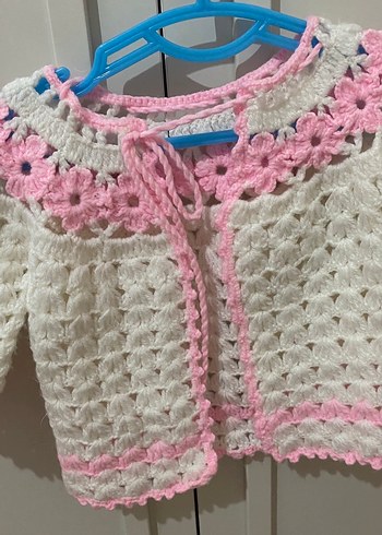 3-6 Ay Beden Beyaz Pembe Vintage Örgü Kız Hırka