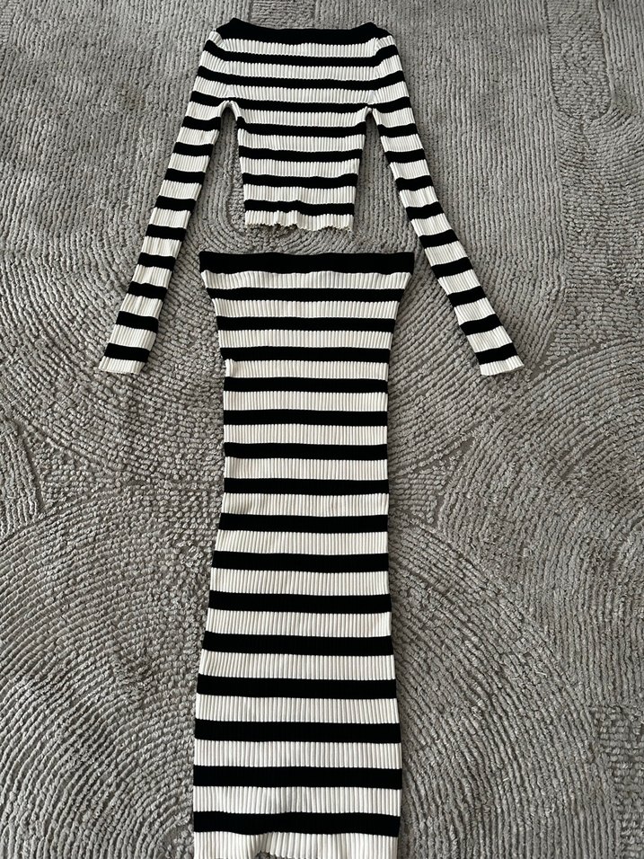 Uzun Kollu Çizgili Triko etek kazak takım - Görsel 3