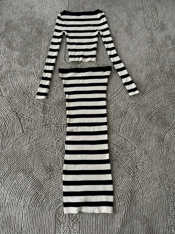 Uzun Kollu Çizgili Triko etek kazak takım - Görsel 2