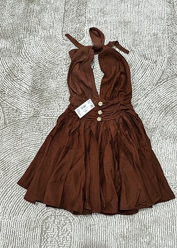 Kahverengi Drapeli boyundan bağlamalı Mini Elbise - Görsel 2