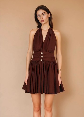 Kahverengi Drapeli boyundan bağlamalı Mini Elbise - Görsel 3