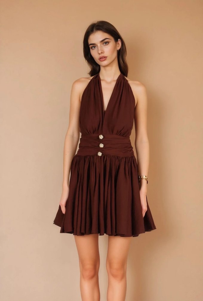Kahverengi Drapeli boyundan bağlamalı Mini Elbise - Görsel 3