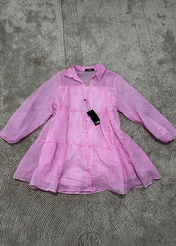 Pembe Mini Düğmeli Gömlek Elbise - Görsel 2