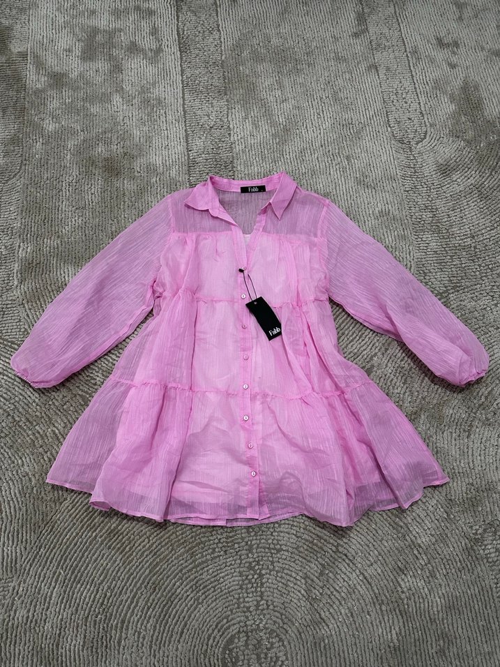 Pembe Mini Düğmeli Gömlek Elbise - Görsel 2