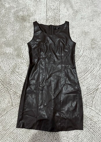 Kolsuz Kahverengi Deri Mini Elbise - Görsel 3