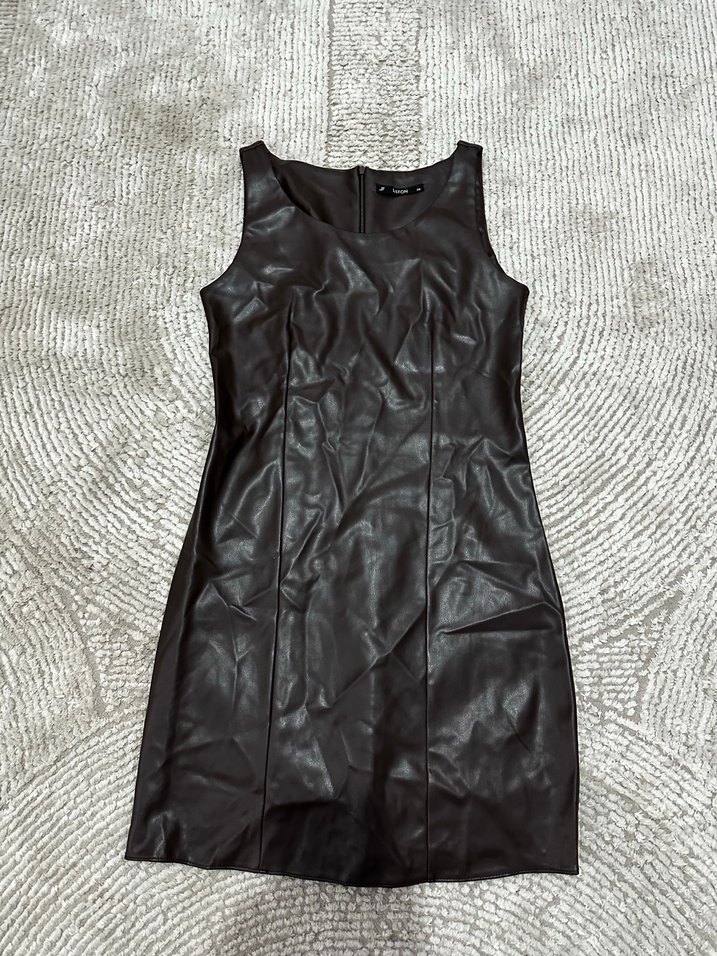 Kolsuz Kahverengi Deri Mini Elbise - Görsel 3