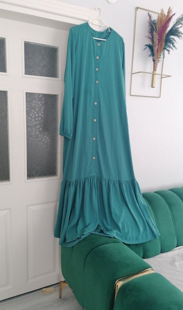 Düğmeli Turkuaz Uzun Kollu Uzun Elbise - Görsel 3