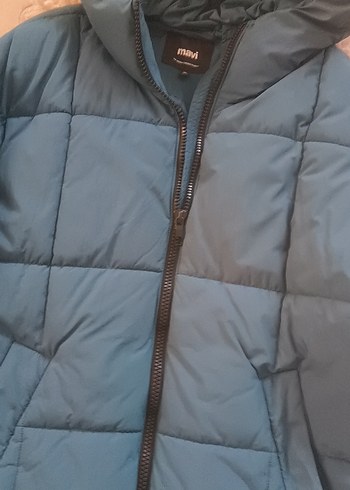 Kadın Mavi Midi Kışlık Mont Kapüşonlu, - Görsel 2