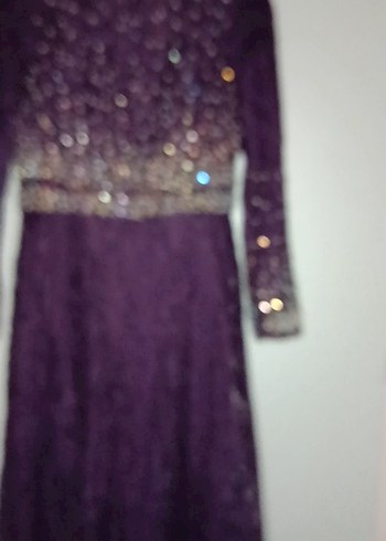 İnci İşlemeli Uzun Kollu Mor Abiye Elbise - Görsel 4