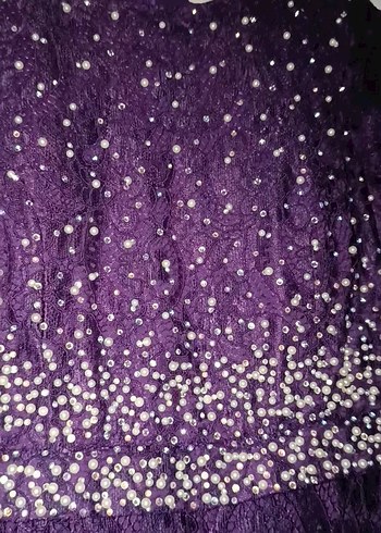 İnci İşlemeli Uzun Kollu Mor Abiye Elbise - Görsel 7