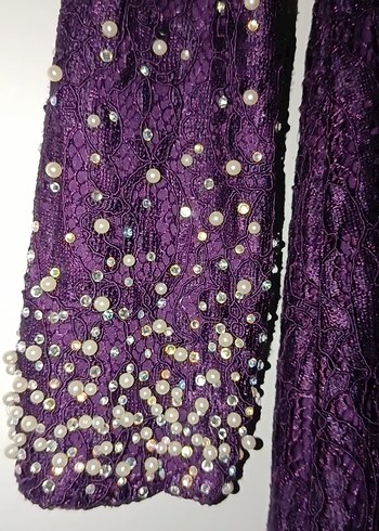 İnci İşlemeli Uzun Kollu Mor Abiye Elbise - Görsel 3