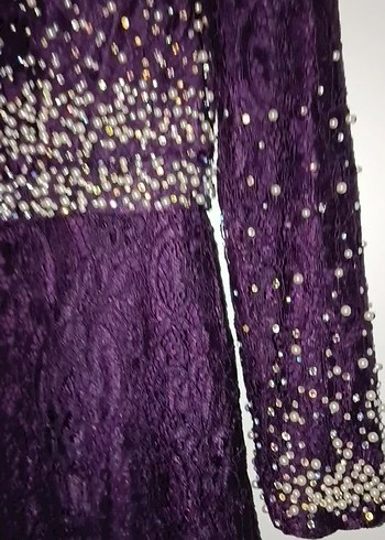 İnci İşlemeli Uzun Kollu Mor Abiye Elbise - Görsel 6