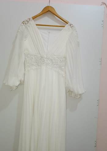 Vintage V Yaka Uzun Kollu Beyaz A Kesim Gelinlik - Görsel 5