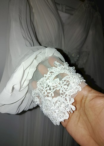 Vintage V Yaka Uzun Kollu Beyaz A Kesim Gelinlik - Görsel 6