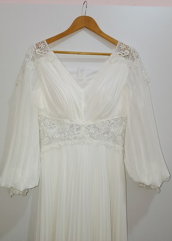 Vintage V Yaka Uzun Kollu Beyaz A Kesim Gelinlik - Görsel 3