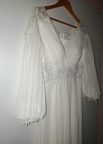 Vintage V Yaka Uzun Kollu Beyaz A Kesim Gelinlik - Görsel 2