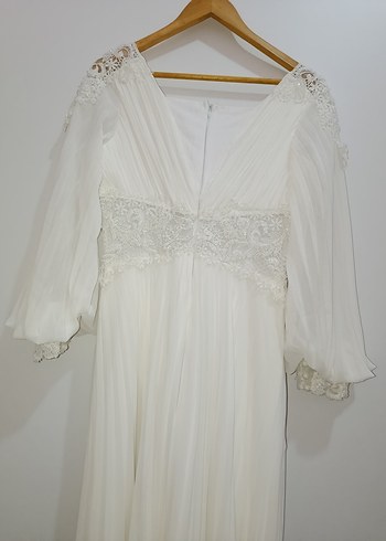 Vintage V Yaka Uzun Kollu Beyaz A Kesim Gelinlik - Görsel 4