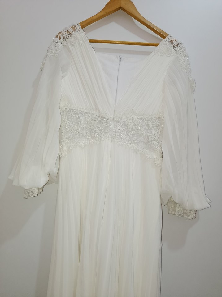 Vintage V Yaka Uzun Kollu Beyaz A Kesim Gelinlik - Görsel 4
