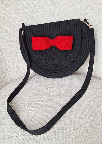 Siyah Triko Kadın Çanta Kırmızı Fiyonk Detaylı - Görsel 2