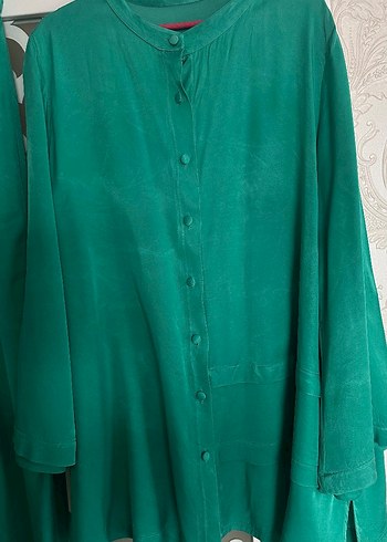 Uzun Yeşil Saten Bohem Kadın Elbise - Görsel 2