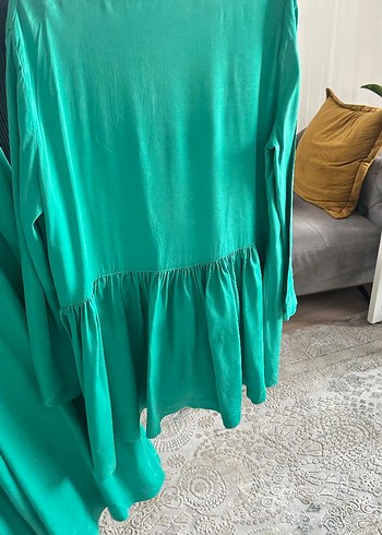 Uzun Yeşil Saten Bohem Kadın Elbise - Görsel 5