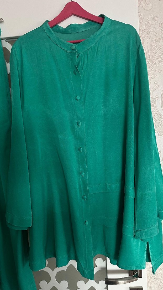 Uzun Yeşil Saten Bohem Kadın Elbise - Görsel 2