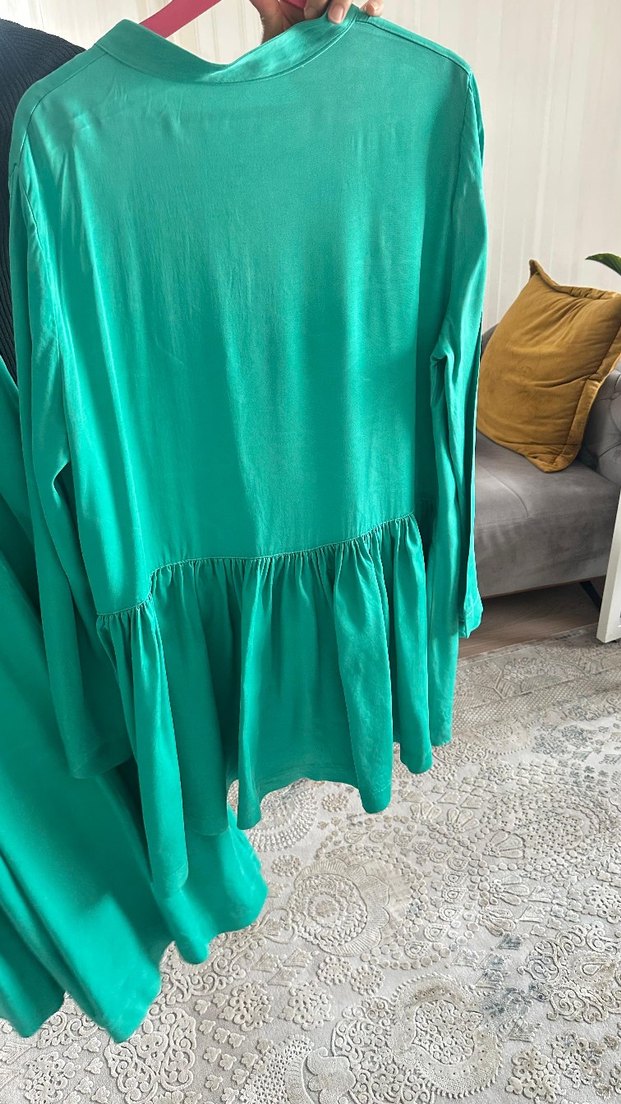 Uzun Yeşil Saten Bohem Kadın Elbise - Görsel 5