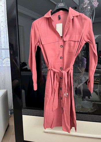 Düğmeli Pembe Uzun Kollu Rahat Elbise