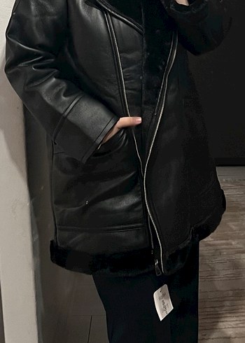 Kadın Siyah Deri Kürklü Midi Ceket - Görsel 2