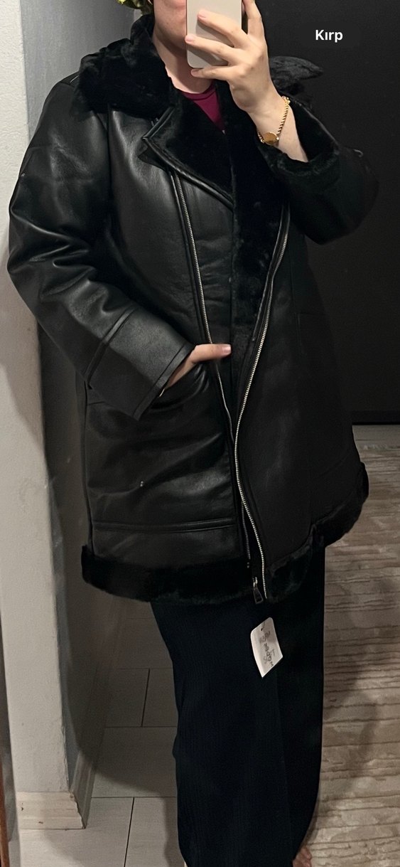 Kadın Siyah Deri Kürklü Midi Ceket - Görsel 2
