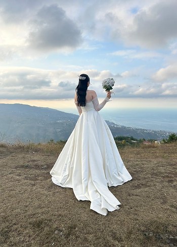 Uzun Beyaz Straplez A Kesim Gelinlik - Görsel 3