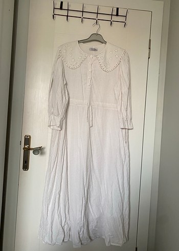 Düğmeli Beyaz Bohem Uzun Keten Elbise - Görsel 2