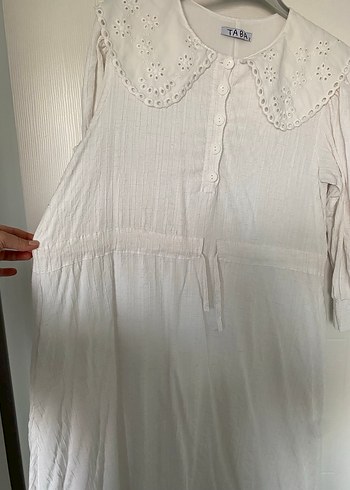 Düğmeli Beyaz Bohem Uzun Keten Elbise - Görsel 5